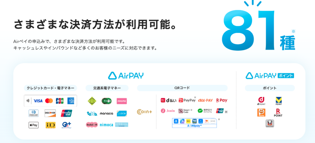 エアペイ81種類の対応ブランド