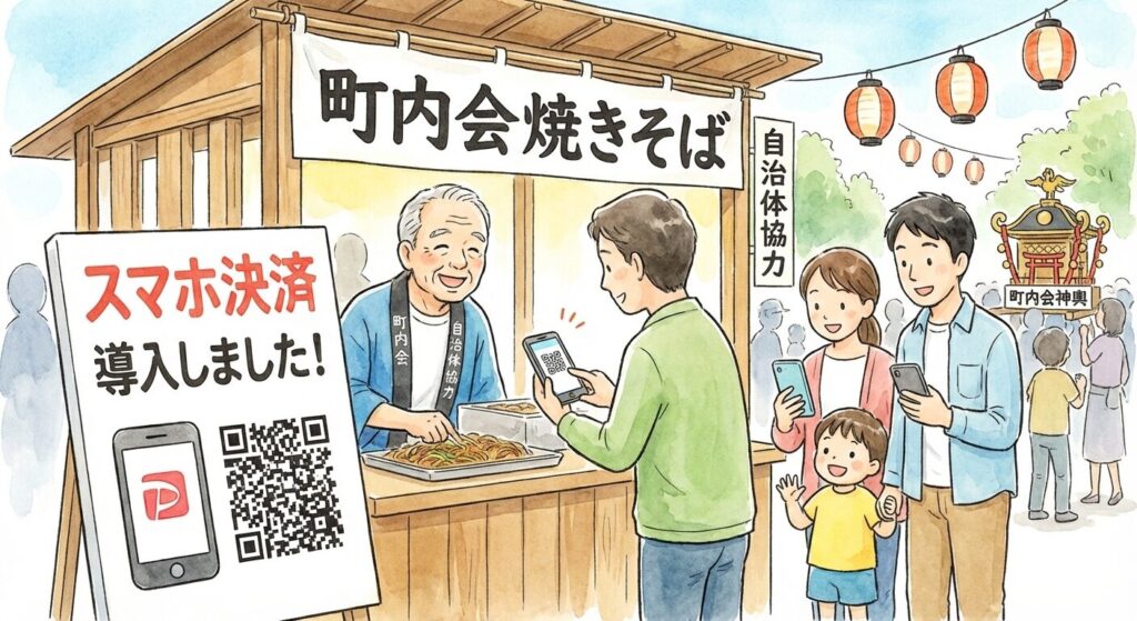 町内会・自治体の模擬店でスマホ決済やPayPayを導入したイラスト