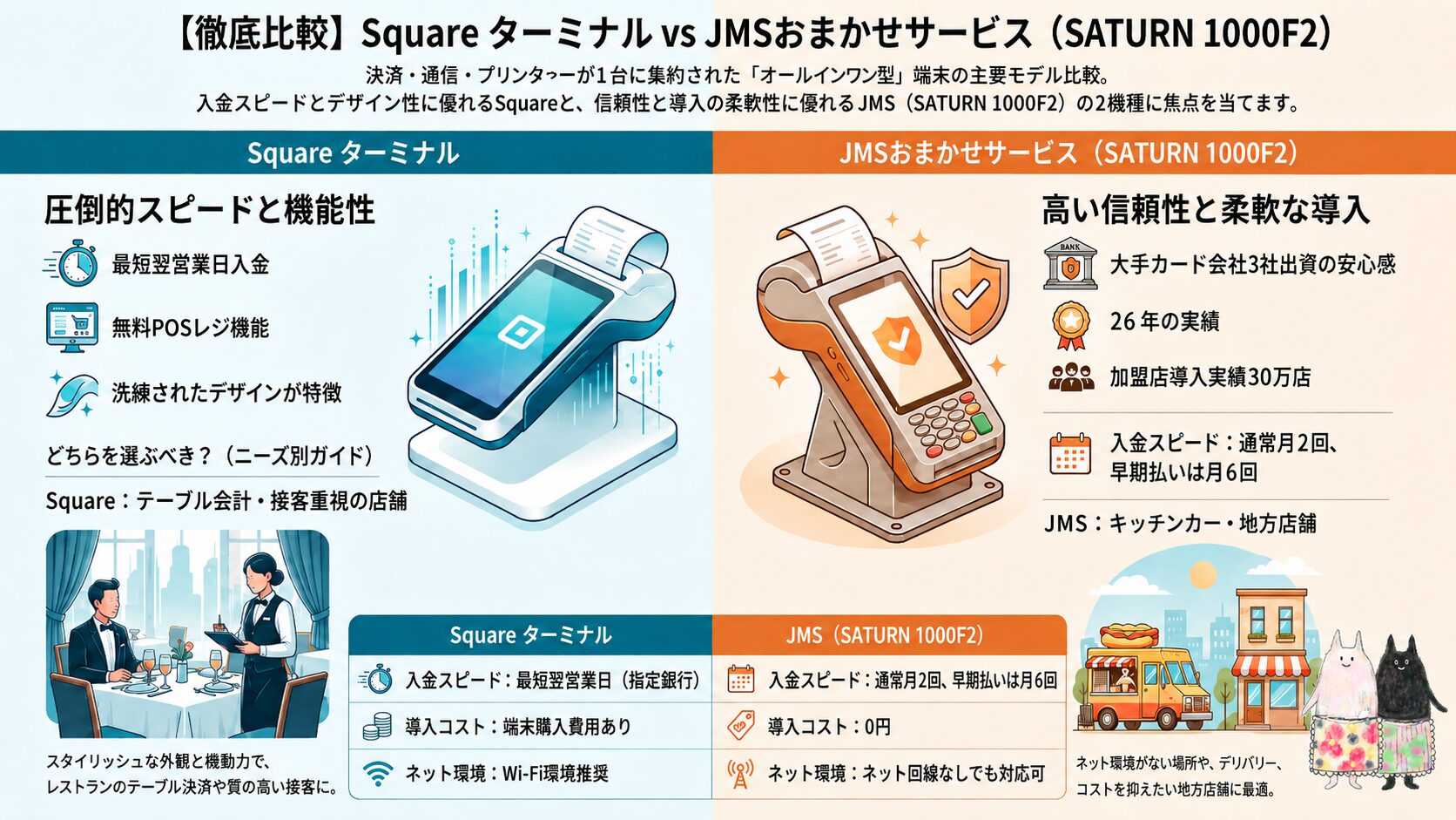 持ち運びできるオールインワン型決済端末のスクエアターミナルとJMSおまかせサービスのSATURN比較