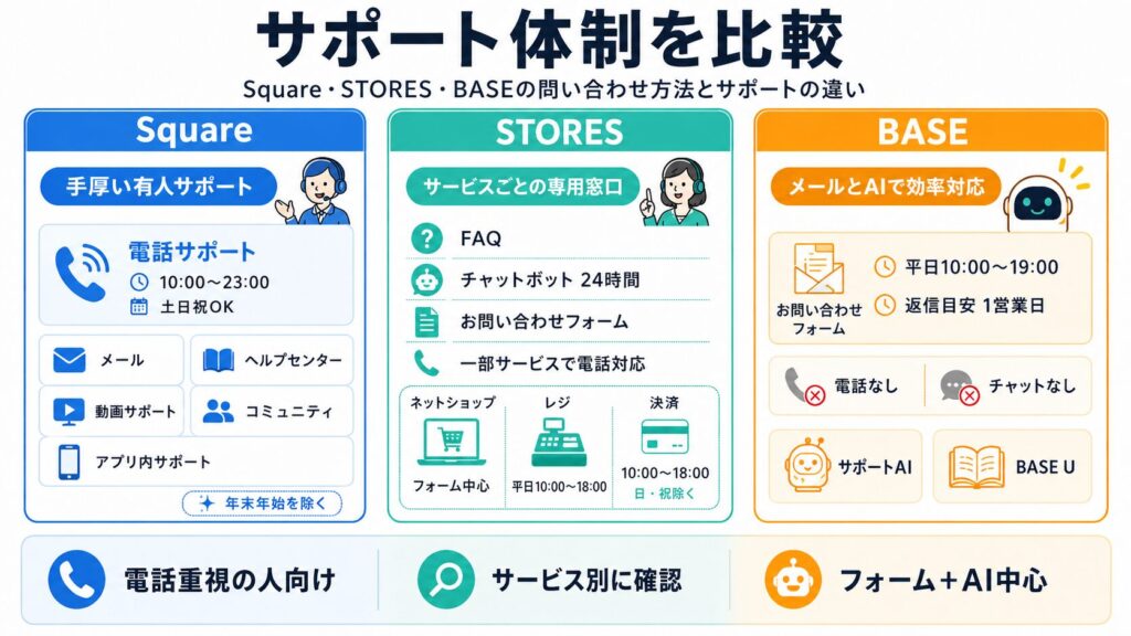 Square・STORES・BASEのサポート体制を比較