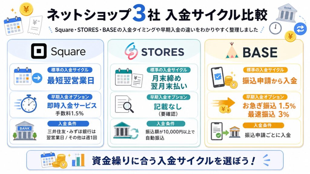 SquareとSTORESとBASEの入金サイクル比較