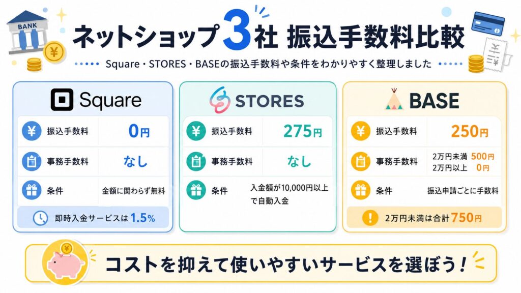 SquareとSTORESとBASEの振込手数料比較