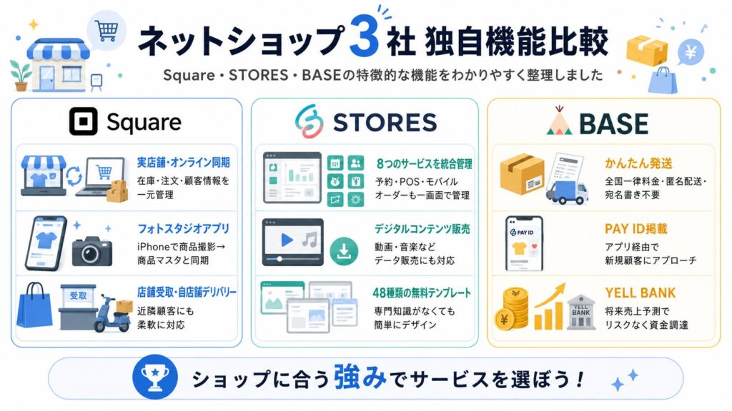 SquareとSTORESとBASEの独自機能比較