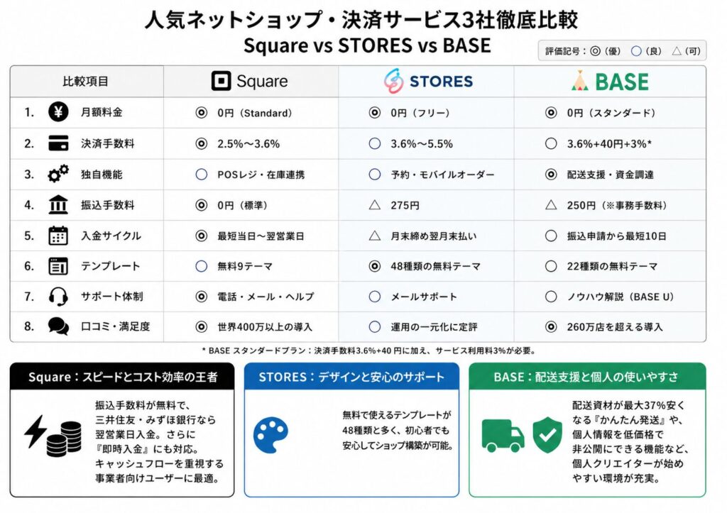 Square、STORES、BASEの比較一覧表